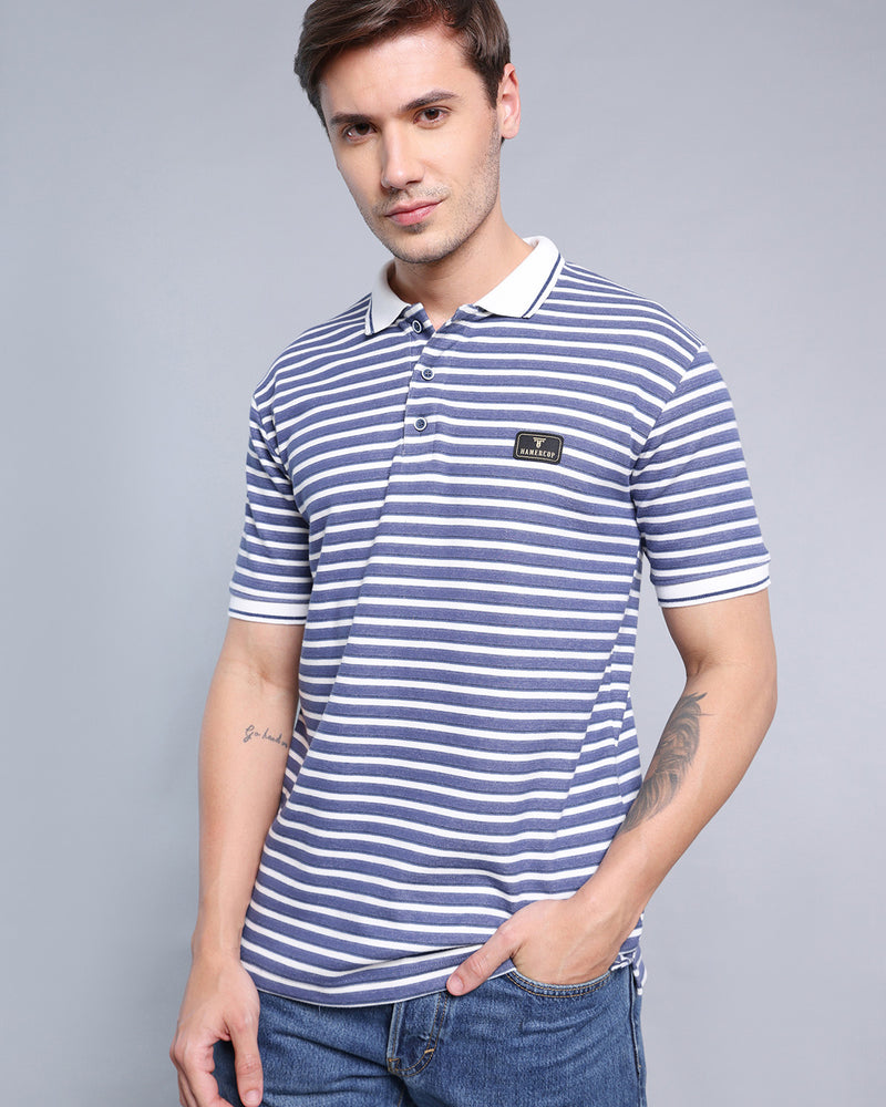 Libarty Blue With White Striped Supersoft Smart Polo T-Shirt