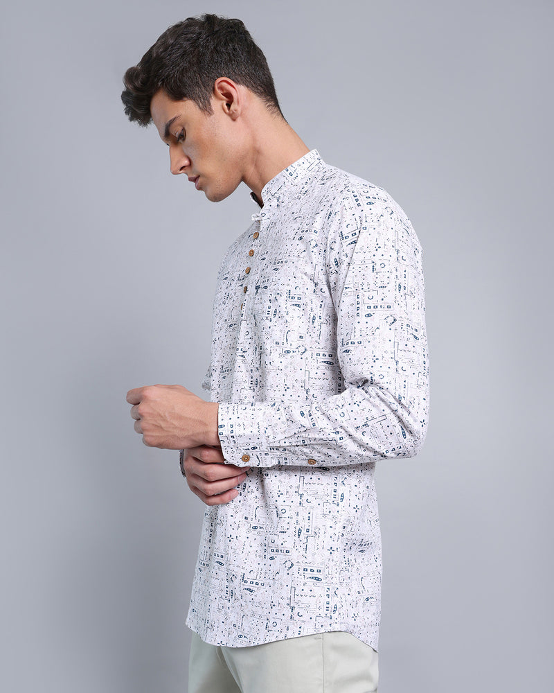 Cream Floral Paisley Printed Oxford White Shirt Style Kurta