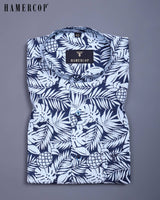 Atropa-Leaf And Pineapple Printed Blue Oxford Cotton Shirt