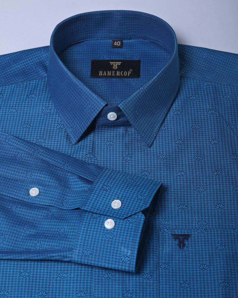 Cerulean Blue Small Check With Flower Jacquard Gingham  Shirt