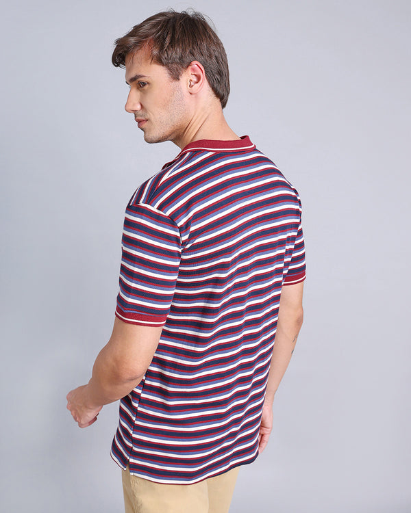Maroon With Blue Multicolor Striped Supersoft Smart Polo T-Shirt
