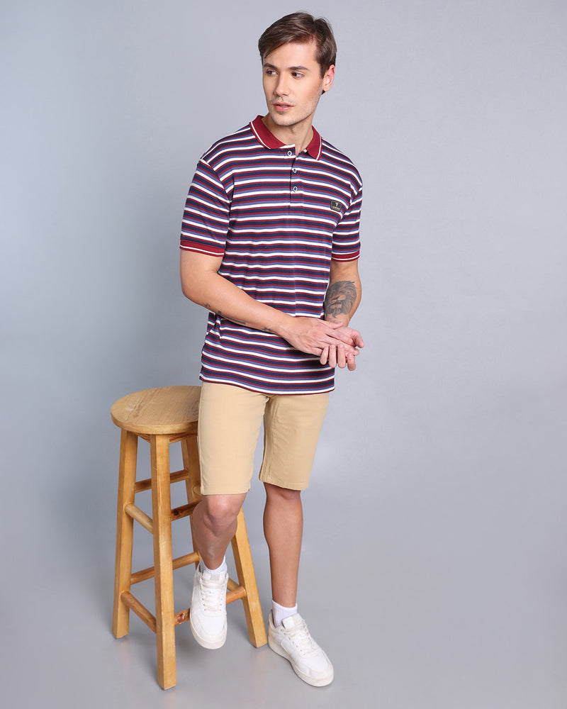 Maroon With Blue Multicolor Striped Supersoft Smart Polo T-Shirt